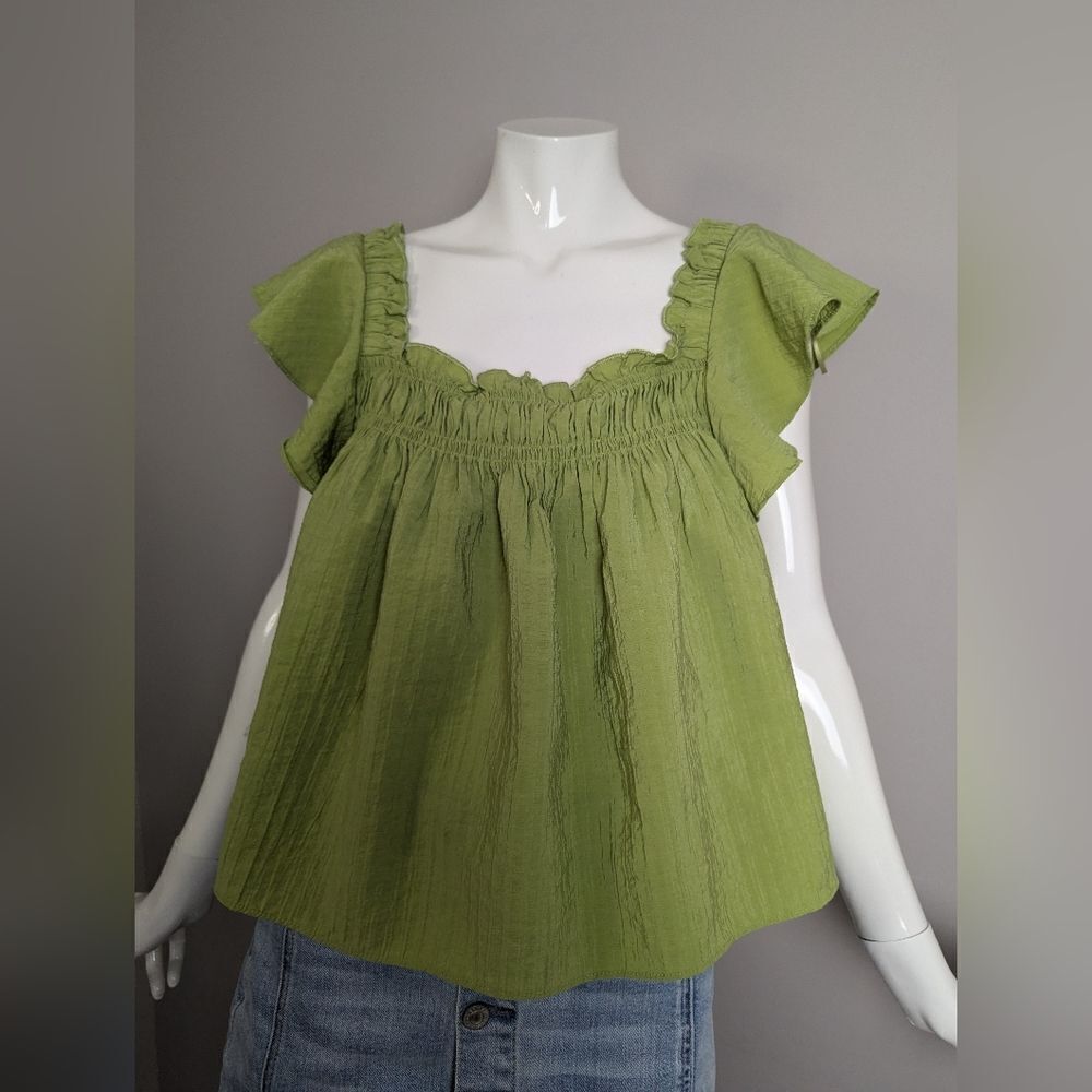 Mango women's top Peasant Texture blouse Green flowy ruffled S - Picture 6 of 7